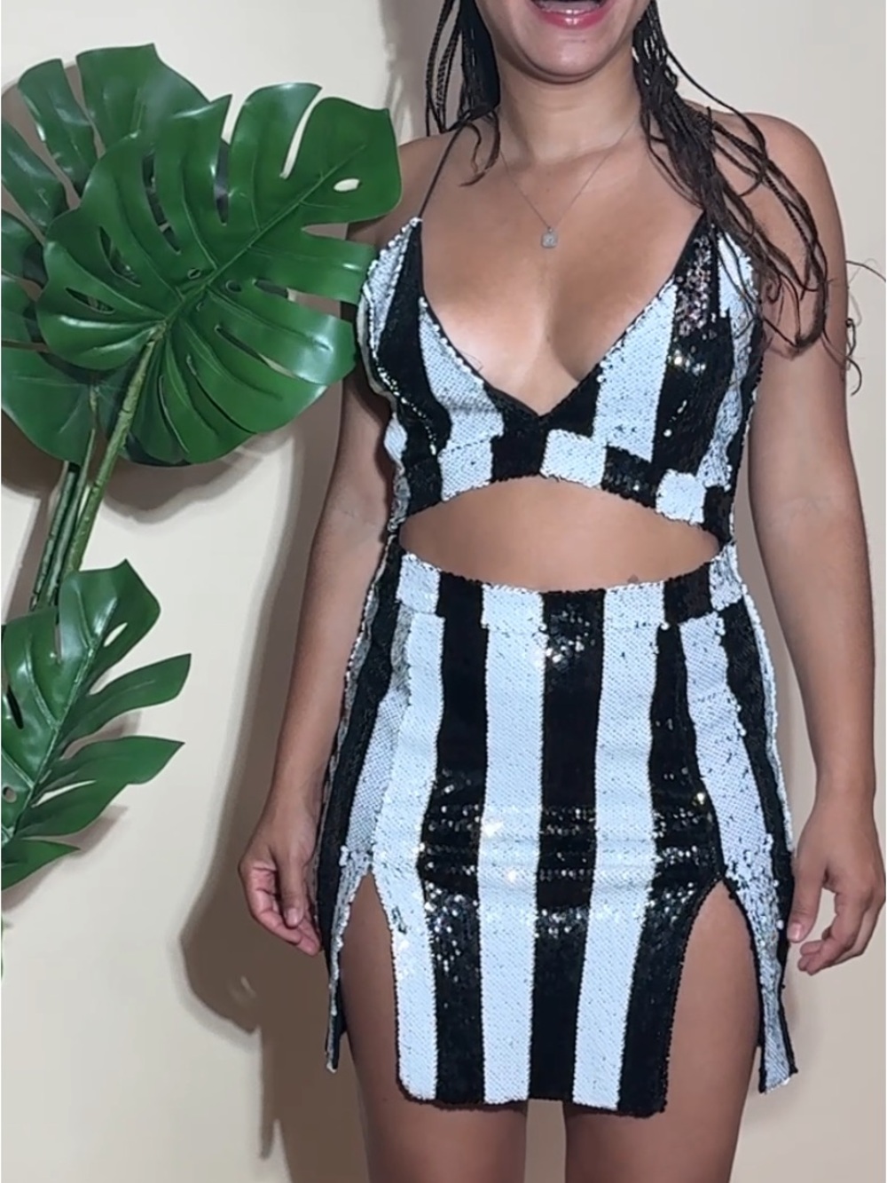 Black and White Sequin Cutout Dress